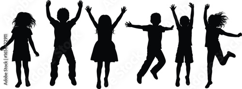 Children jumping silhouettes, playful kids vector illustration, energetic youth movement, happy childhood moment, outdoor activity concept, dynamic pose design, black figures isolated