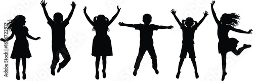 Children jumping silhouette, happy kids vector, playful youth illustration, energetic movement pose, black figures on white background, joyful childhood concept art