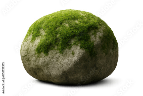 Large moss-covered rock, round natural stone with vibrant green moss isolated on transparent background