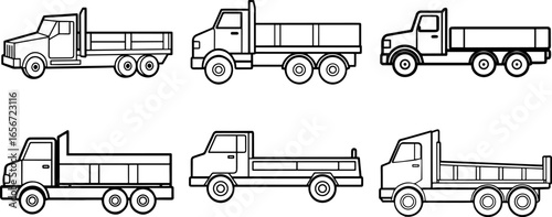 Set of flatbed truck outline vector illustration line art