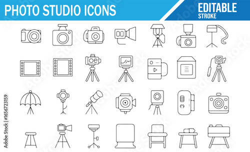 Minimalist collection of photography studio icons including cameras, tripods, and backdrop equipment.