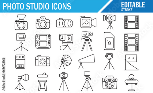 Photo studio icons set for photography setups, including cameras, lighting gear, and tripods.