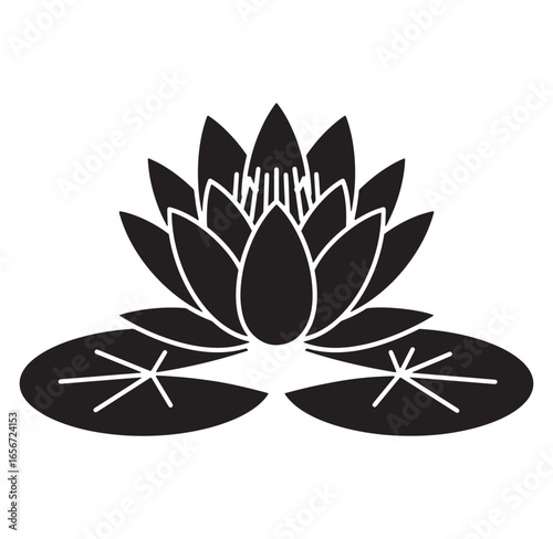 Black and white vector illustration of a beautiful lotus flower with lily pads