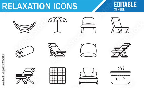Vector relaxation icons set, including beach chairs, loungers, and hammocks for home and vacation