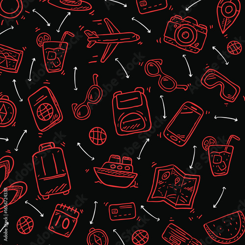 Seamless monochrome pattern on checkered paper. Icon set of elements for summer vacation travel, hand drawn vector doodles in line style. Line contour in sketch style.