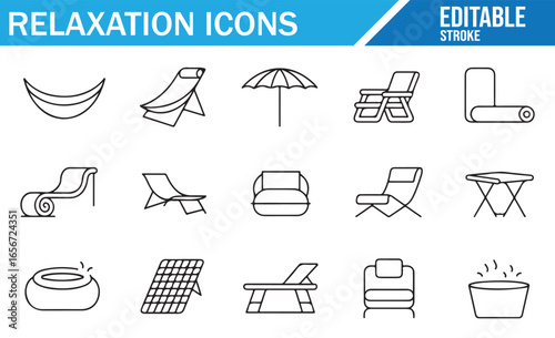 Modern collection of relaxation furniture icons in editable vector format for stress-free designs.