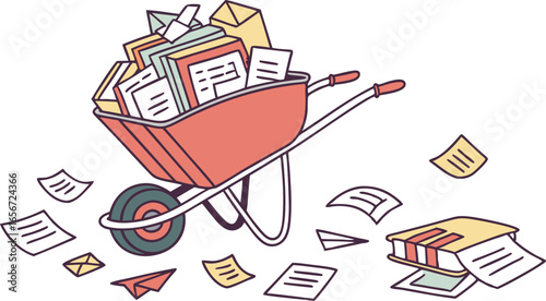 Overflowing wheelbarrow filled with diverse office documents and paperwork