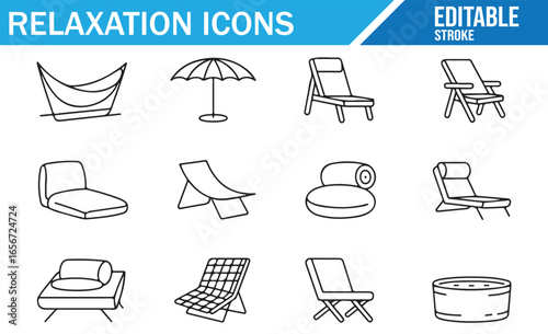 Set of relaxation icons in line style featuring different lounge chairs, hammocks, and relaxation equipment. Editable vector icons for leisure, comfort, and outdoor activities.