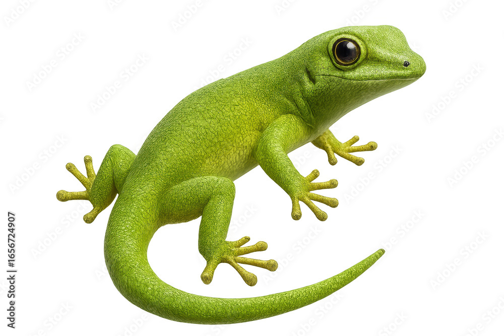 Fototapeta premium Bright green gecko isolated on transparent background, detailed studio shot