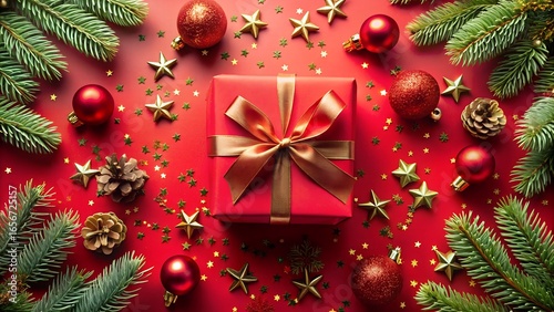 Festive christmas gift box with a golden ribbon and bow, surrounded by fir branches, red ornaments, gold stars, and glitter on a vibrant red background, top view