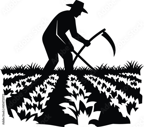 Silhouette of a farmer working in the field with a scythe, representing agriculture, harvest, and rural life in a minimalist style