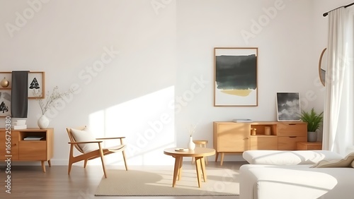 Minimalist Scandinavian interior featuring wooden furniture and abstract art in soft natural lighting.