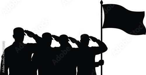 Silhouette of soldiers saluting a flag, representing honor, respect, and patriotism for veterans and military personnel