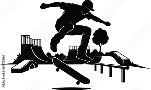 Silhouette illustration of a skateboarder performing a jump in a skatepark, perfect for extreme sports and youthrelated content