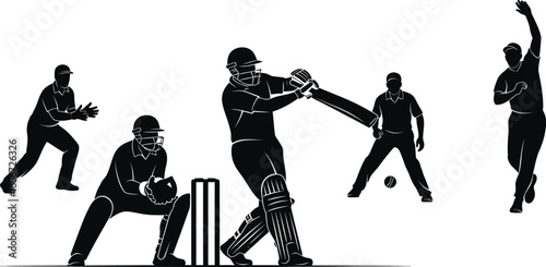 Silhouette of cricket players in action, capturing the energy and skill of the sport, showcasing batsmen, bowlers, and fielders
