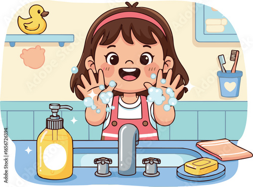 Cute Cartoon Girl Smiling While Thoroughly Washing Her Hands with Bubbly Soap for Health.