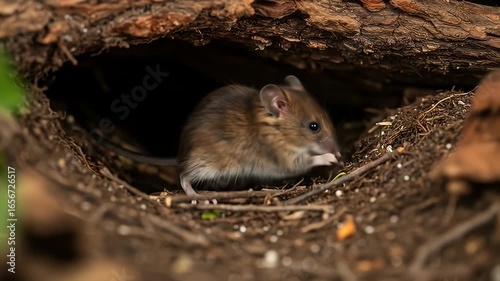 Small brown mouse emerges from a burrow in the ground with dirt and twig surroundings