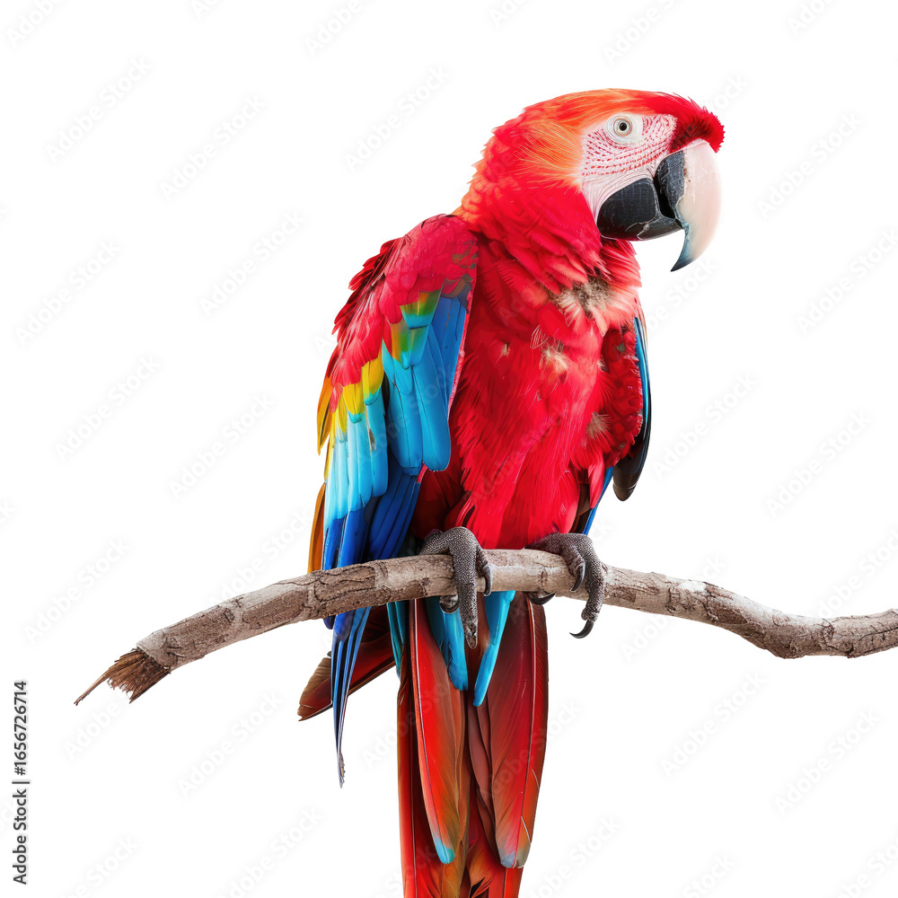 Fototapeta premium and keyword list, based on the image... Parrot Perched on Branch Vibrant Bird Rests in Wilderness against Dark Backdrop.