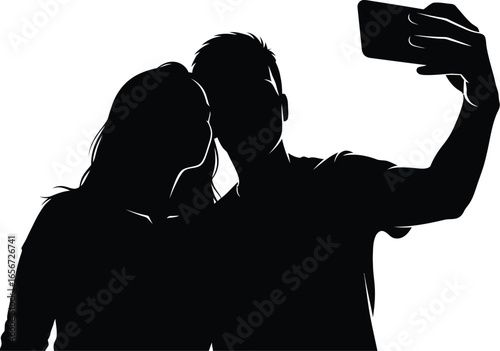Silhouette of a couple taking a selfie with a smartphone, capturing a moment of love and happiness