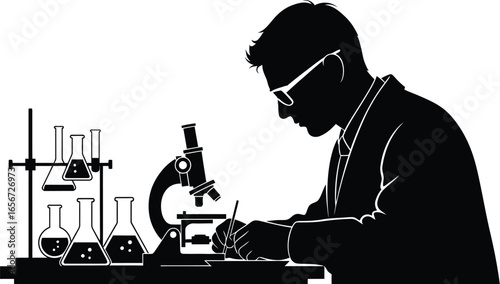 Silhouette of a scientist working in a laboratory with a microscope, conducting research and experiments