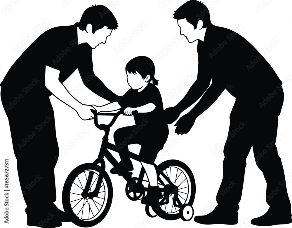 Obraz premium Two fathers are teaching a child to ride a bicycle, providing support and guidance