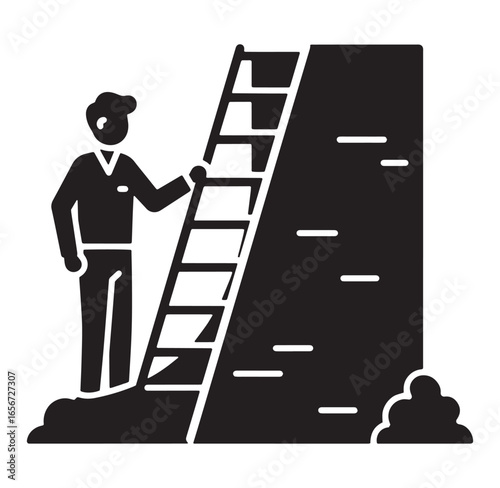 Monochrome illustration of a businessman climbing a ladder overcoming obstacles and reaching goals
