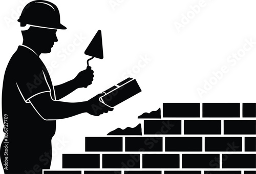 Silhouette of a bricklayer constructing a brick wall, representing construction, labor, and skilled craftsmanship