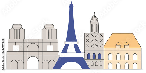 Iconic paris skyline silhouette featuring famous landmarks against a clean white background