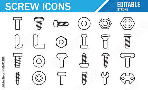 Editable vector icons of different screws, bolts, nuts, and fasteners for mechanical design.