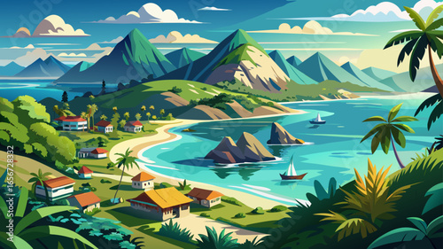 Panorama of the Fijian west coast reveals turquoise waters, golden beaches, lush palms, radiant sunlight, serene horizon, vibrant culture, tropical beauty, and timeless island charm inspiring breathta
