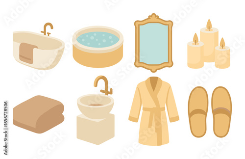 Luxurious bathroom spa set with bathtub, hot tub, mirror, candles, towel, robe, slippers