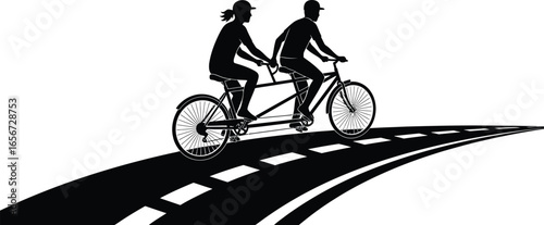 Silhouette of a couple riding a tandem bicycle a road, a sporty and adventurous journey together in nature