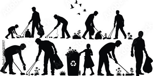 Silhouette of people cleaning up trash and garbage in a park, showing community involvement and environmental responsibility