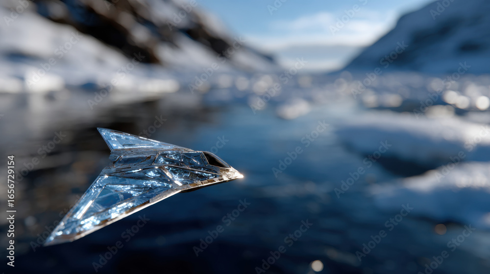 Obraz premium A stunning crystal aircraft hovers over a serene frozen lake surrounded by mountains, capturing a moment of icy tranquility and imaginative design in nature's beauty.