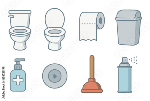 Bathroom essentials: toilet, bin, hygiene items, plunger, cleanliness icons