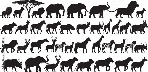 African savanna animal silhouettes on white background Keywords: Africa, savanna, animal, zebra, vector, illustration, giraffes, nature, antelope, group, keywords:, elephant, silhouette, black, variet