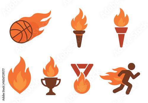 Set of flaming sports icons with basketball and trophies