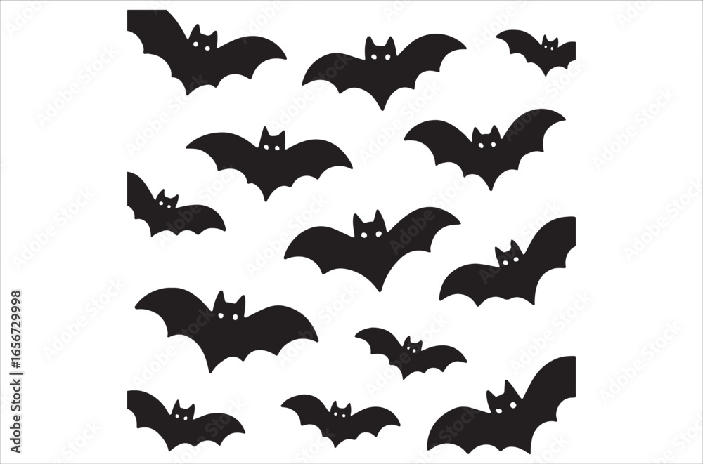 Fototapeta premium Halloween bats silhouettes set. Isolated vector winged vampire animal black shapes on white background. Creepy and spooky fauna creatures group, monochrome icons, simple signs or pictograms