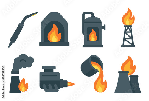 Industrial fire icons set featuring torch, furnace, and oil rig