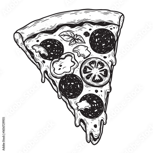 Hand drawn pizza slice illustration with pepperoni tomato basil and melted cheese isolated
