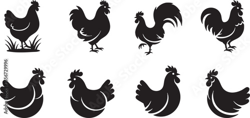 Black silhouettes of chickens and roosters on white, chicken, rooster, hen, fowl, poultry, bird, farm, agriculture, animal, silhouette, black and white, illustration, graphic, design, icon, symbol, si