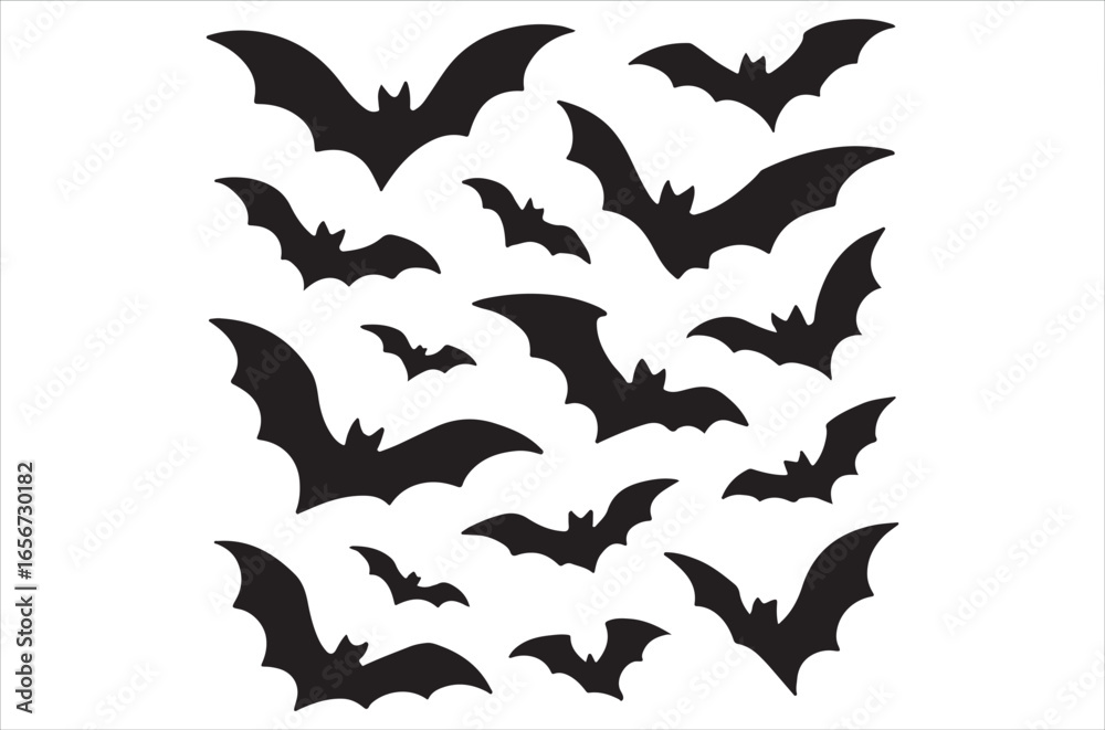 Naklejka premium Halloween bats silhouettes set. Isolated vector winged vampire animal black shapes on white background. Creepy and spooky fauna creatures group, monochrome icons, simple signs or pictograms