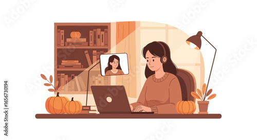 A woman with headphones works on a laptop during a video call at home, decorated with pumpkins and a bookshelf.