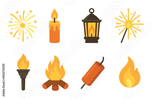 Festive fire and light elements: candles lanterns fireworks torches bonfire