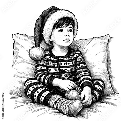 Child in pajamas sitting on pillows