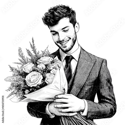 Man smiling holding flowers in suit