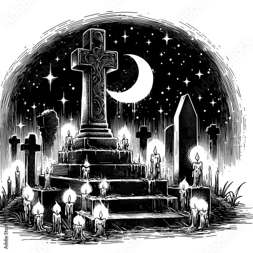 Graveyard with crosses in black-and-white style under night sky
