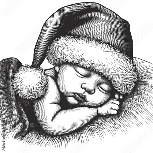 Sleeping child in Santa hat resting against soft pillow