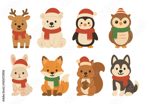 Cute cartoon christmas animals with santa hats and scarves in festive winter theme