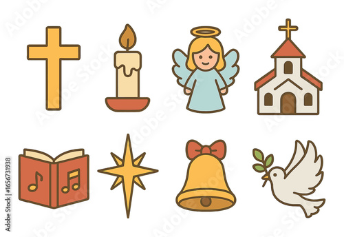 Christmas icons: cross, candle, angel, church, choir book, star, bell, dove